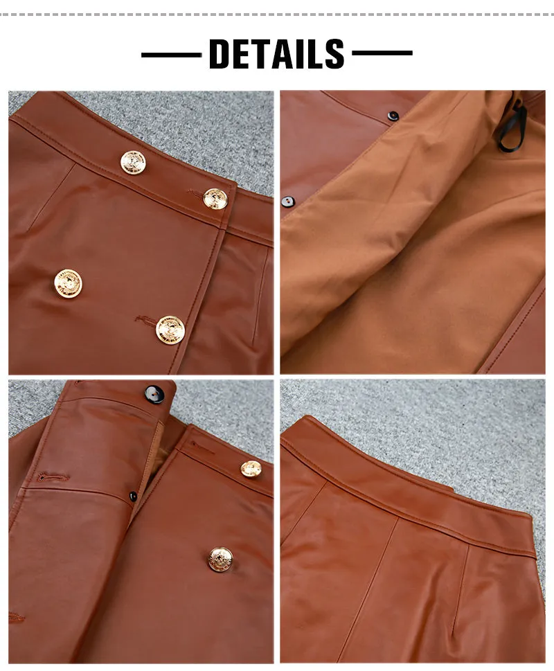 Women's Leather Skirts Metal Button A-Line Genuine Sheepskin Short Dress Fashion 2022 Autumn Winter New TF4789