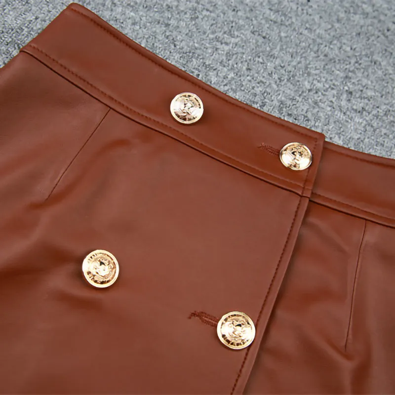 Women's Leather Skirts Metal Button A-Line Genuine Sheepskin Short Dress Fashion 2022 Autumn Winter New TF4789
