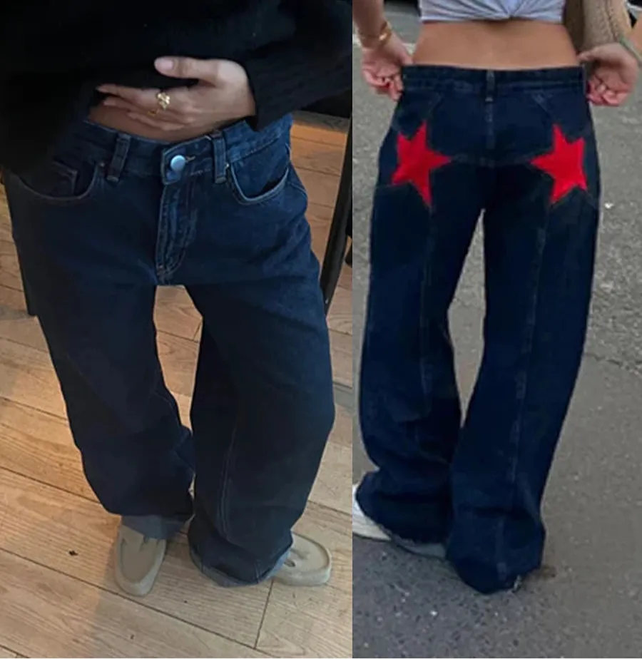 Y2K Star Print Vintage Denim – Loose Fit, Low-Waist Statement Jeans
