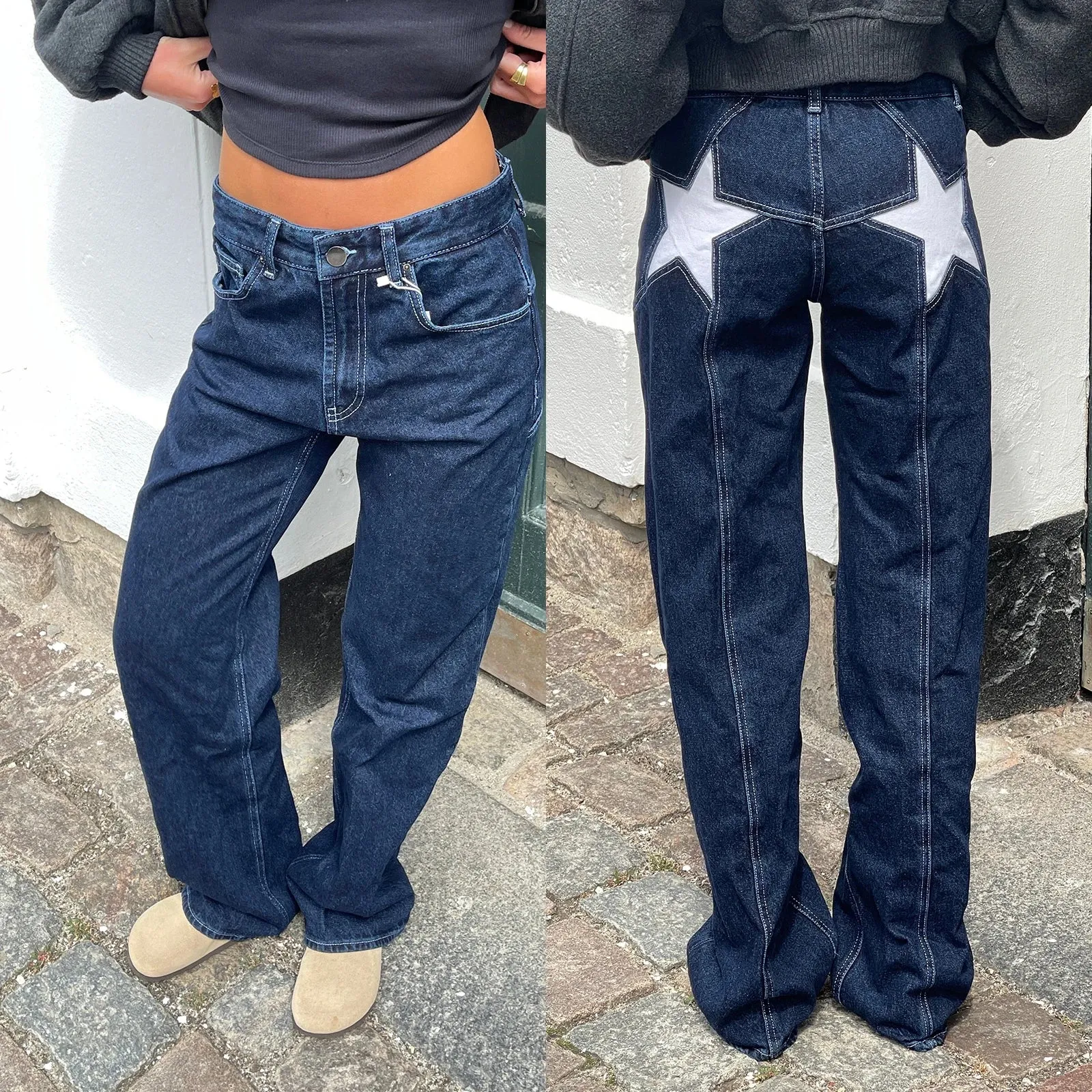 Y2K Star Print Vintage Denim – Loose Fit, Low-Waist Statement Jeans