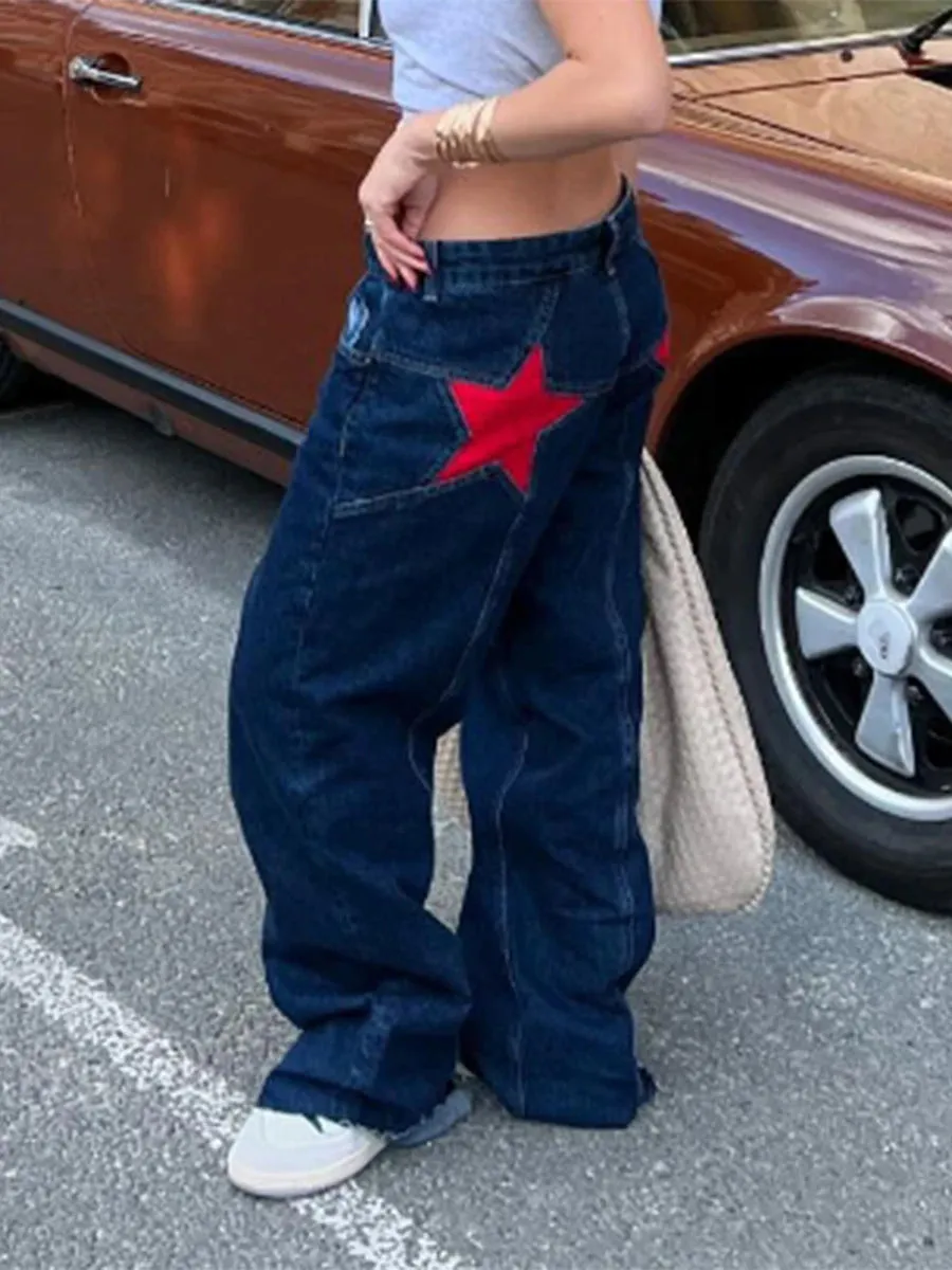 Y2K Star Print Vintage Denim – Loose Fit, Low-Waist Statement Jeans
