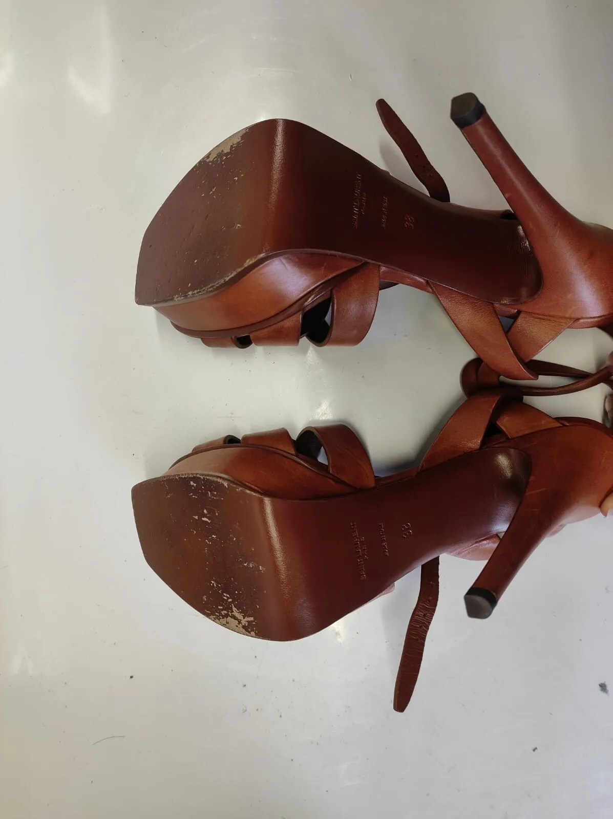 YSL Yves Saint Laurent smooth leather sandals toffee brown stiletto Size-38