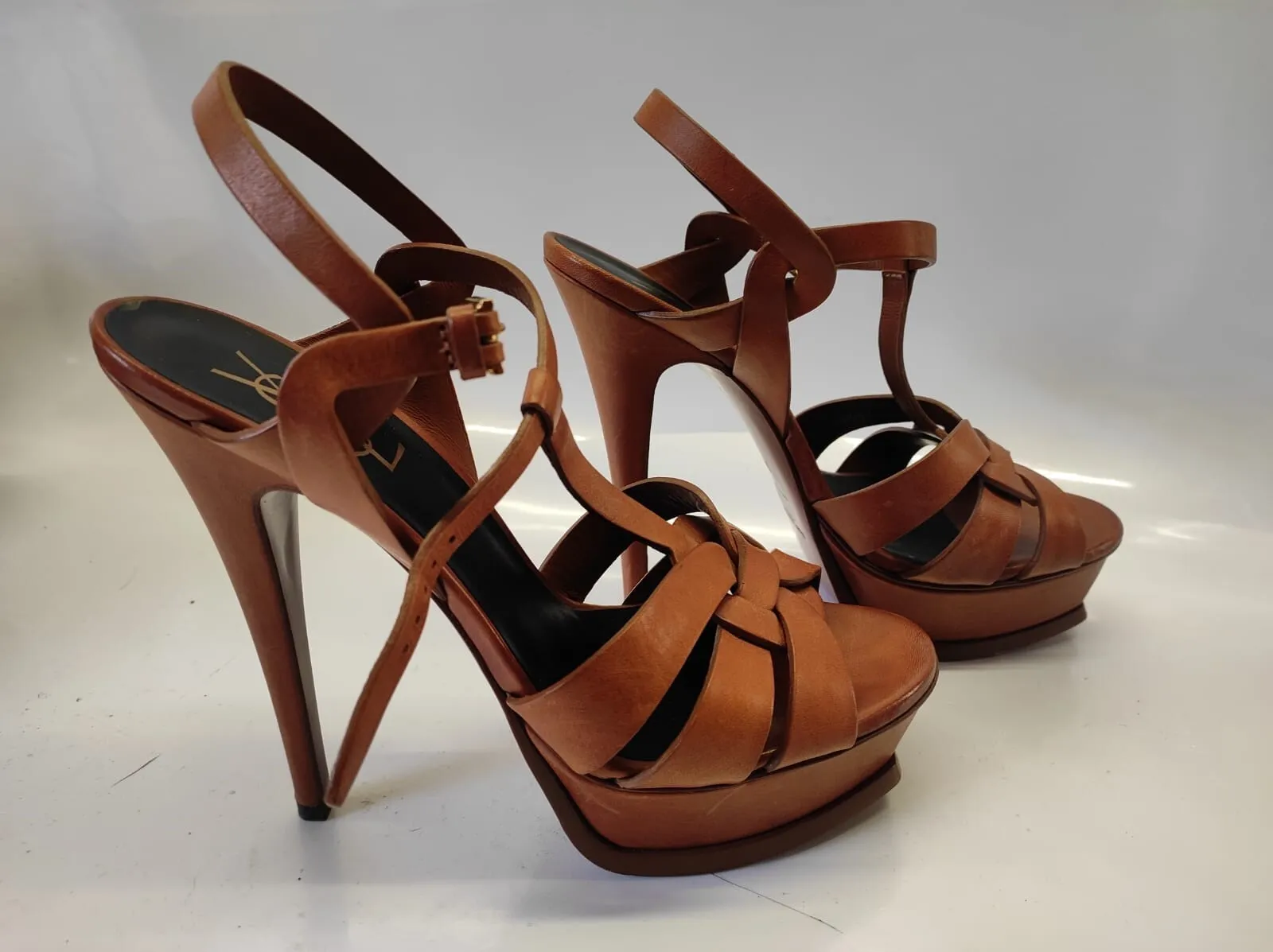 YSL Yves Saint Laurent smooth leather sandals toffee brown stiletto Size-38