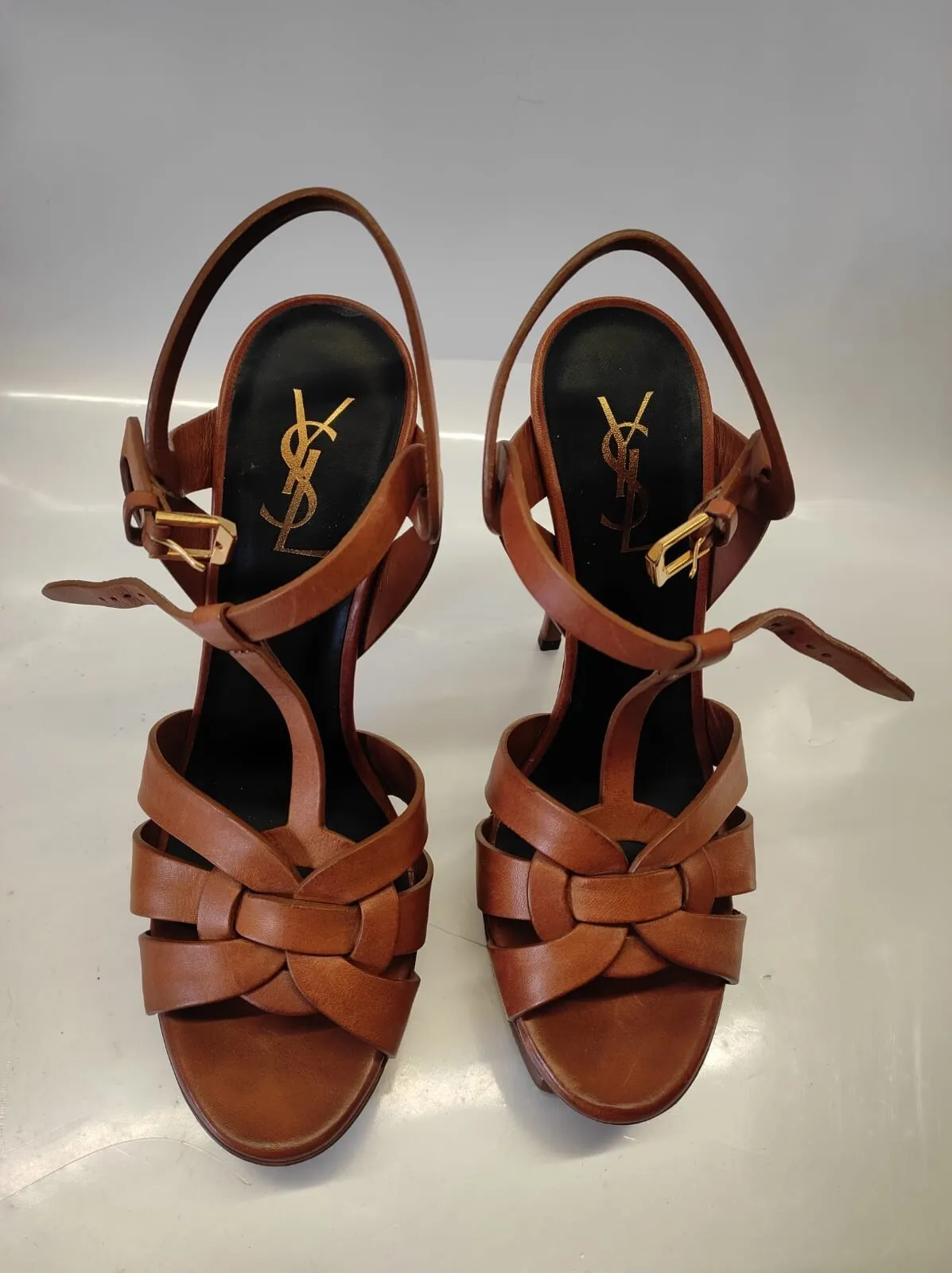YSL Yves Saint Laurent smooth leather sandals toffee brown stiletto Size-38