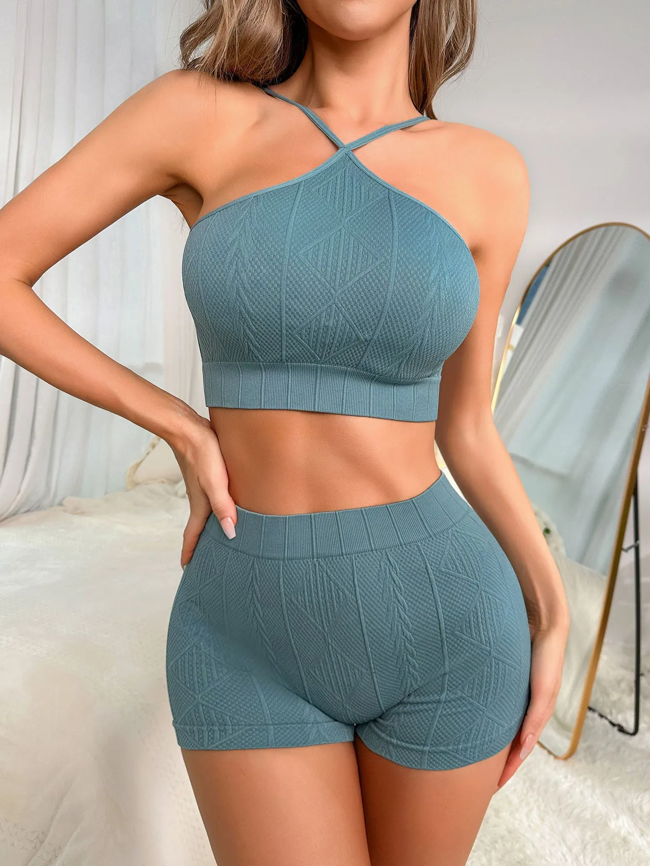 ZS-2pc Seamless Knit Ribbed Tummy Control Sportswear Underwear